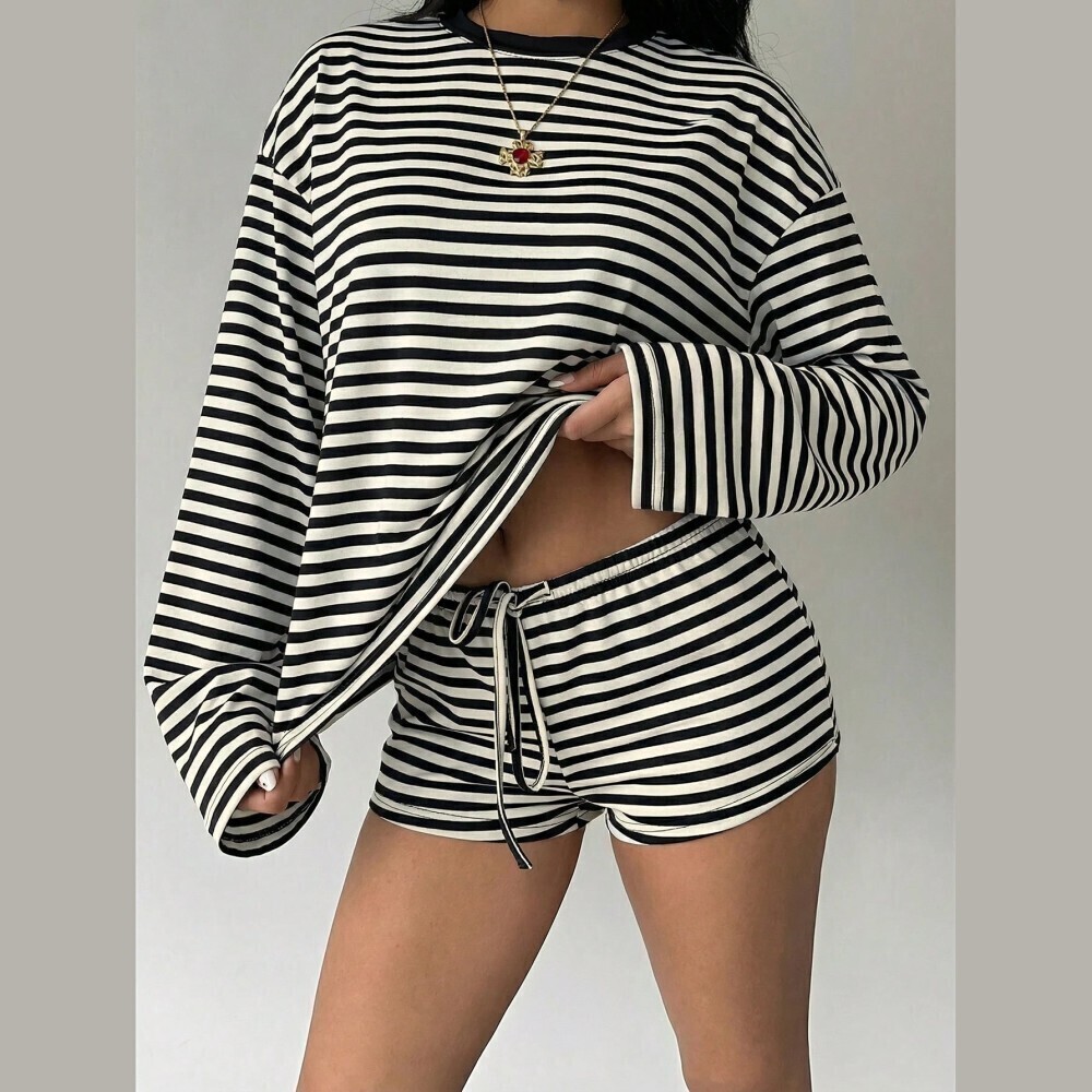 Black and White Striped Long Sleeve Tee and Drawstring Shorts Set